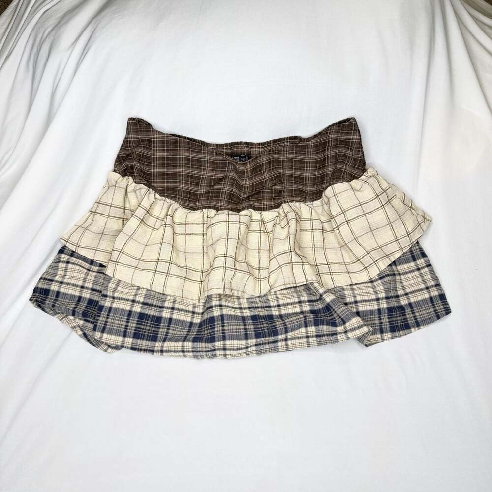 Emerson Lang Patchwork Plaid Tiered Ruffle Mini Skirt Brown Cream Boho Cottageco